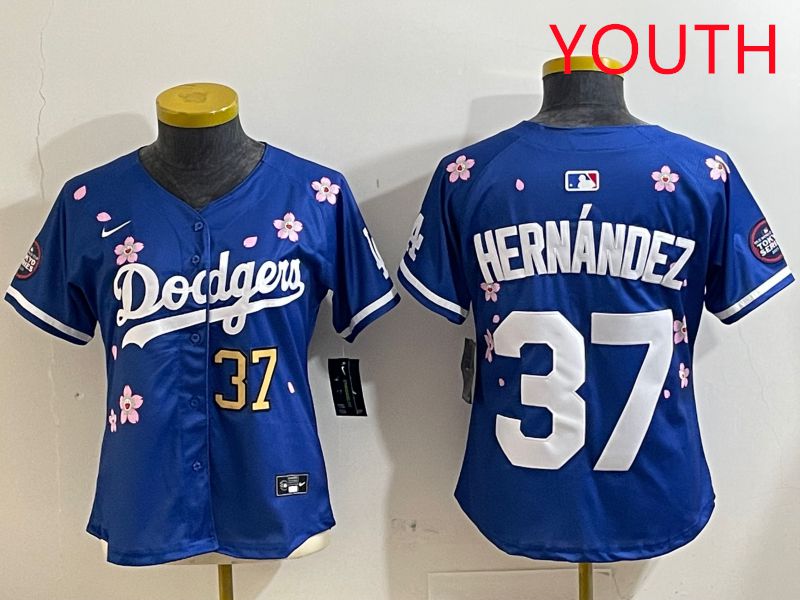 Youth Los Angeles Dodgers 37 Hernandez Blue Sakura Edition 2025 Nike MLB Jersey style 4